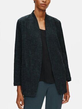 Eileen Fisher Tweedy Cotton Slub Long Jacket in Forest Night Size M